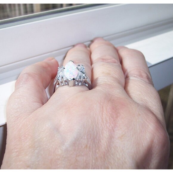 925 STERLING SILVER Marquise Lab Created White Fire Opal & CZ Ring - Picture 5 of 14
